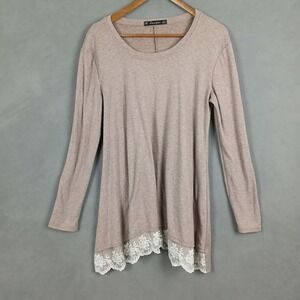 Sanifer Shirt Womens 16/18 Beige Knit Long Sleeve‎ Round Neck Lace Trim Comfort